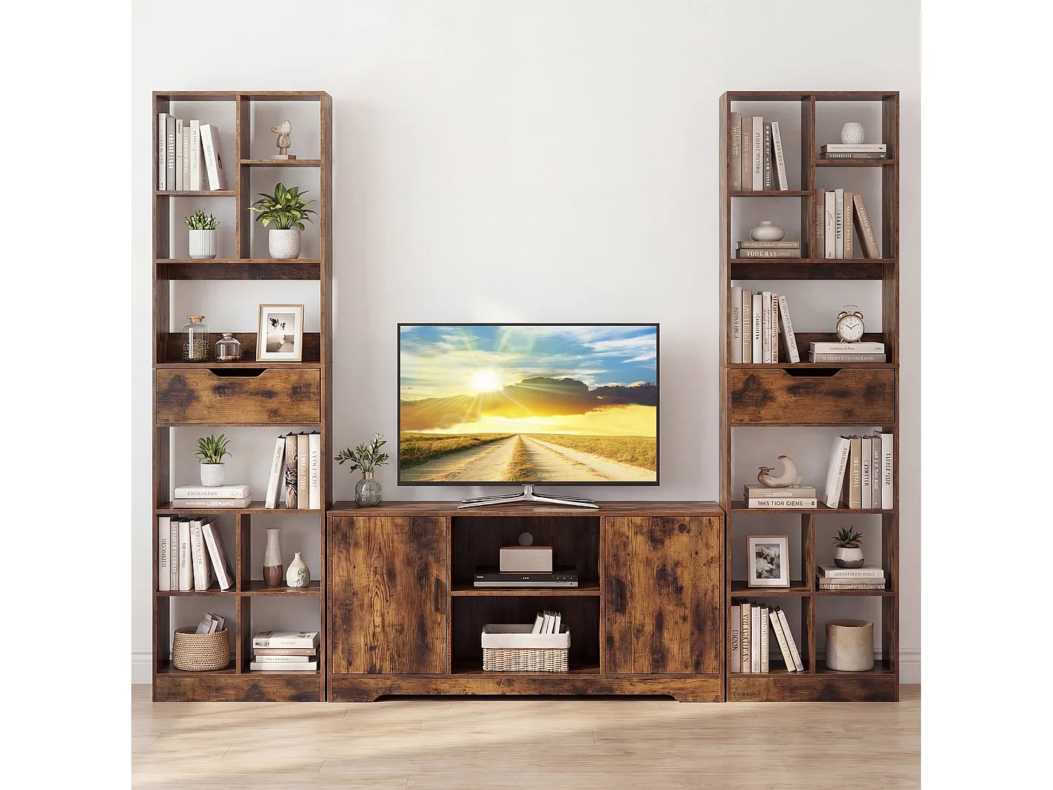 Holz Bücherregal mit 10 Fächern & 1 Schubladen Standregal mit Kippschutz-Set 50 x 24 x 180 cm Braun
