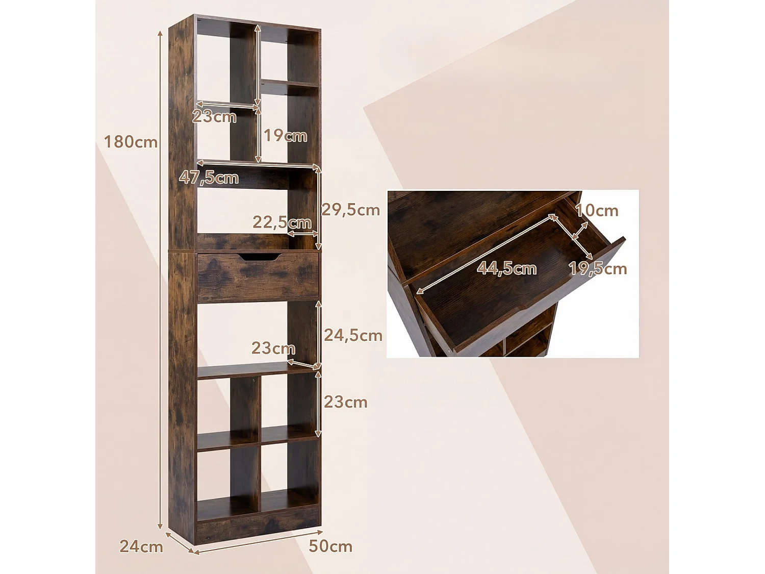 Holz Bücherregal mit 10 Fächern & 1 Schubladen Standregal mit Kippschutz-Set 50 x 24 x 180 cm Braun
