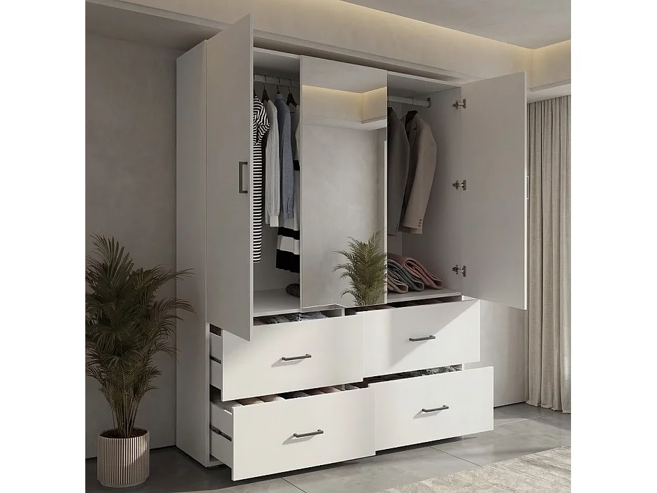 Armoire avec Miroir de 130 cm,Garde-robe Moderne avec Éclairage LED,Penderie et 3 Tiroirs,Blanc