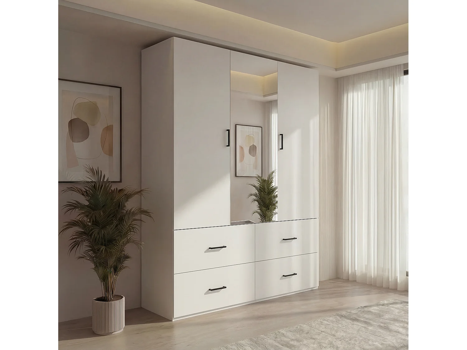 Armoire avec Miroir de 130 cm,Garde-robe Moderne avec Éclairage LED,Penderie et 3 Tiroirs,Blanc