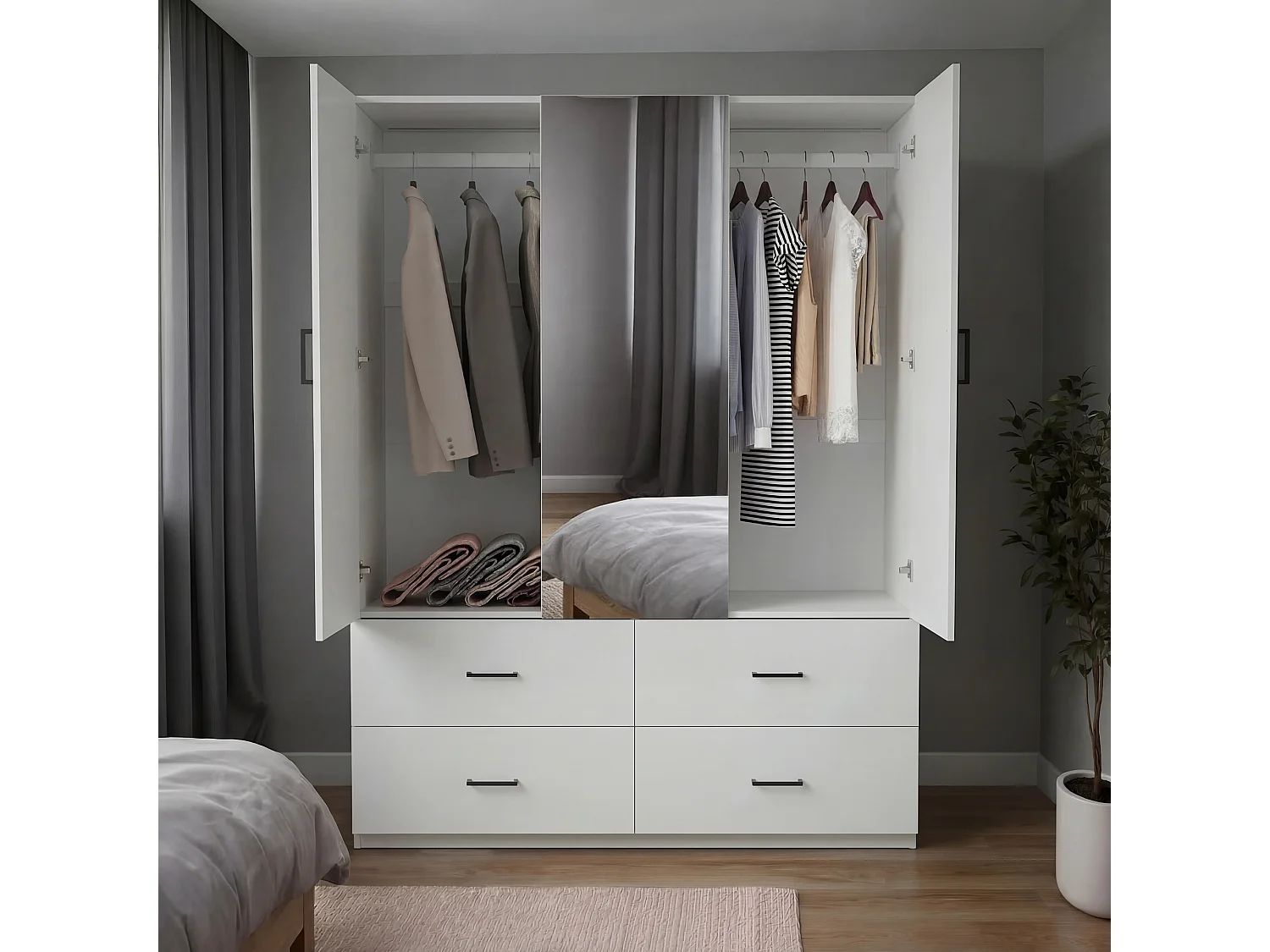 Armoire avec Miroir de 130 cm,Garde-robe Moderne avec Éclairage LED,Penderie et 3 Tiroirs,Blanc