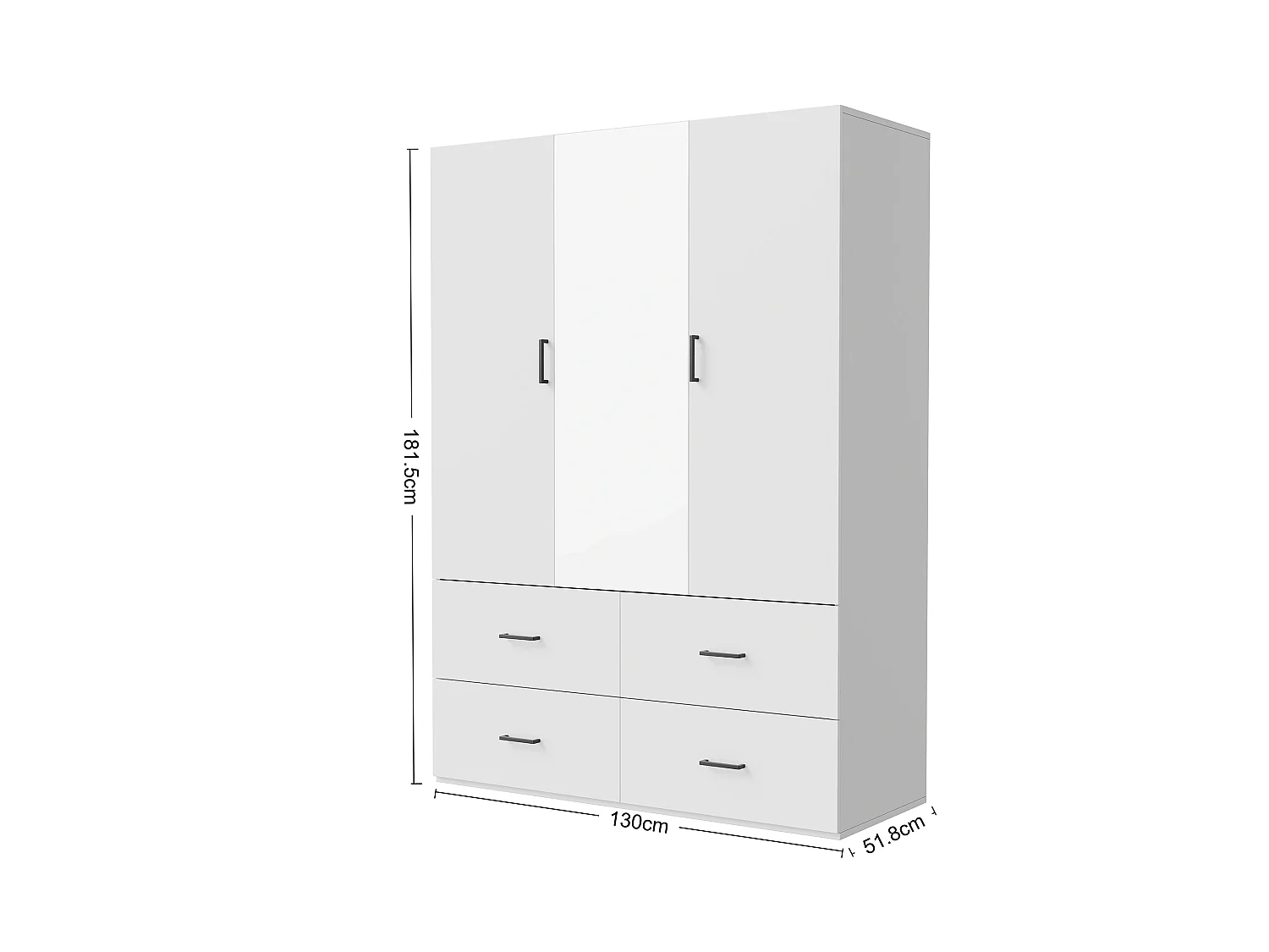 Armoire avec Miroir de 130 cm,Garde-robe Moderne avec Éclairage LED,Penderie et 3 Tiroirs,Blanc
