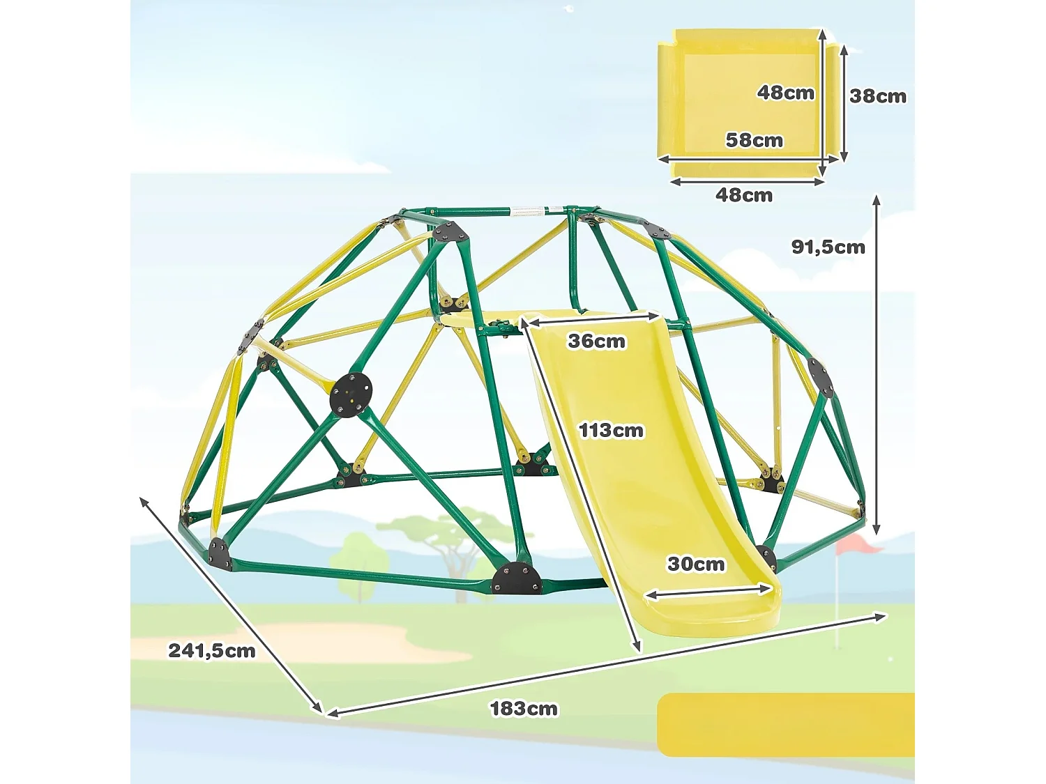 Cupola di arrampicata con scivolo e capacità di carico di 180 kg Struttura di arrampicata a forma di cupola Verde + giallo