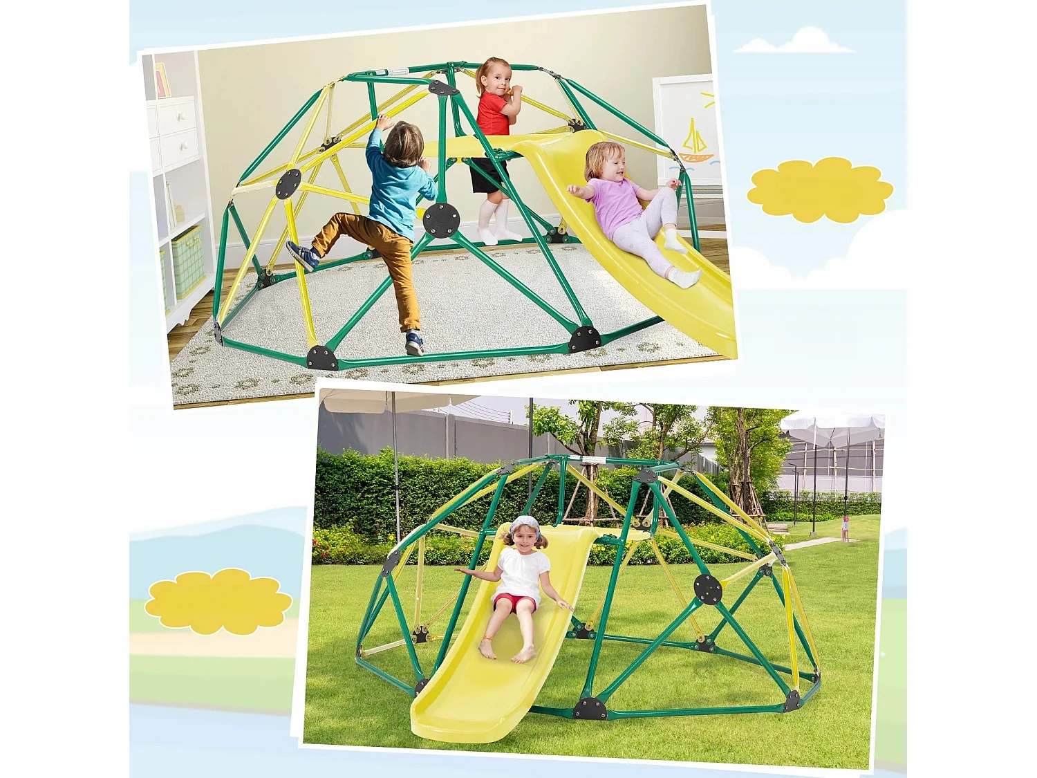 Cupola di arrampicata con scivolo e capacità di carico di 180 kg Struttura di arrampicata a forma di cupola Verde + giallo