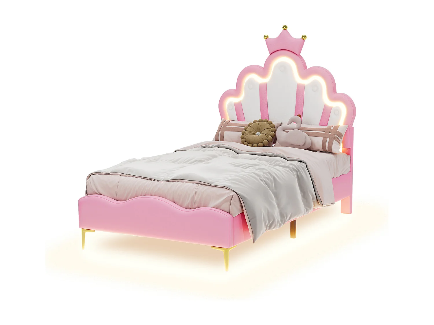 Lit Enfant 90x200 cm avec Lumière LED et Tête de Lit Forme Couronne, Lit Capitonné avec Structure à Lattes, Cuir PU, Rose