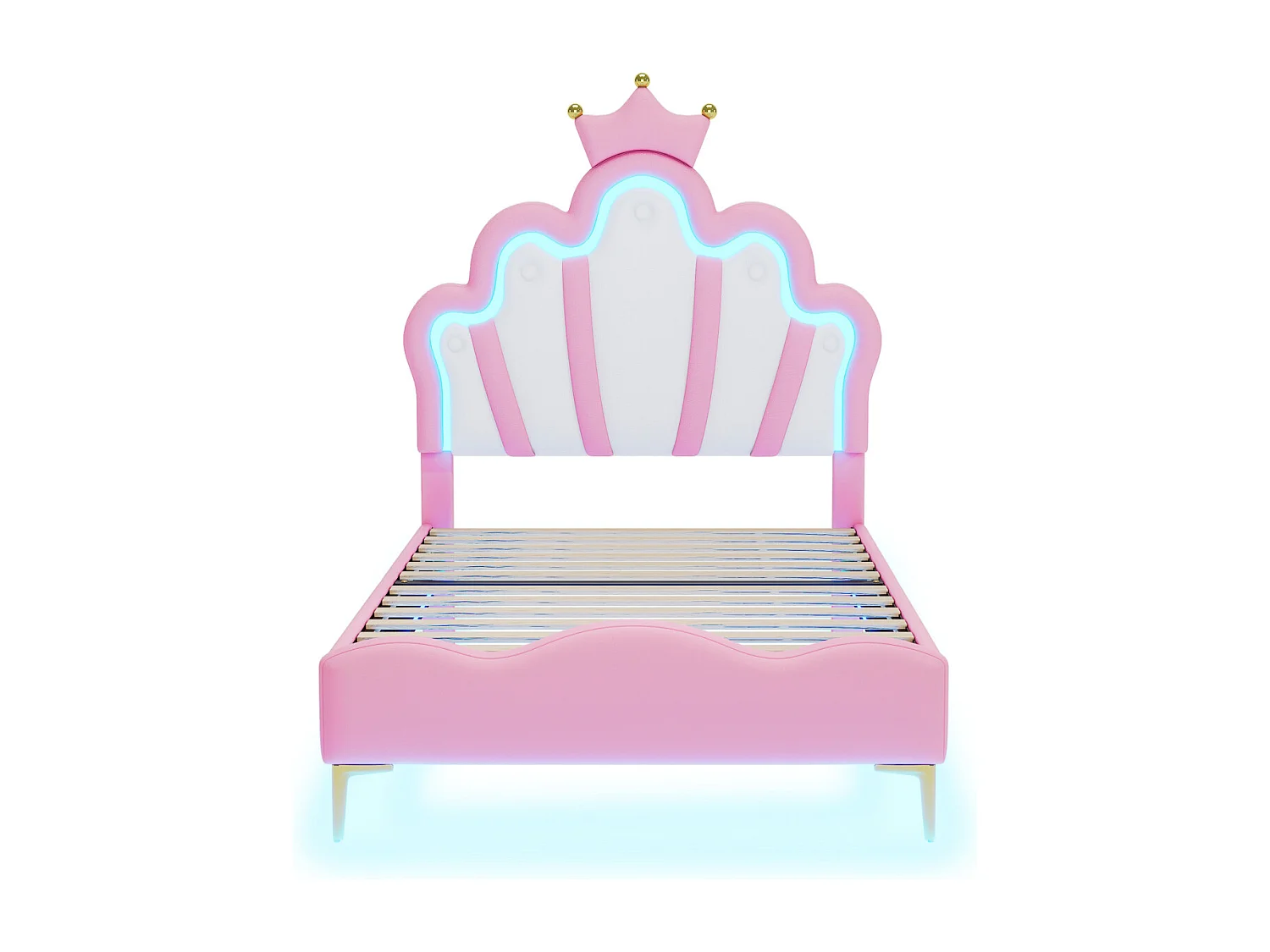 Lit Enfant 90x200 cm avec Lumière LED et Tête de Lit Forme Couronne, Lit Capitonné avec Structure à Lattes, Cuir PU, Rose