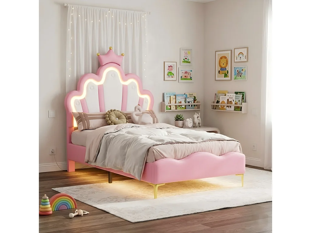 Lit Enfant 90x200 cm avec Lumière LED et Tête de Lit Forme Couronne, Lit Capitonné avec Structure à Lattes, Cuir PU, Rose