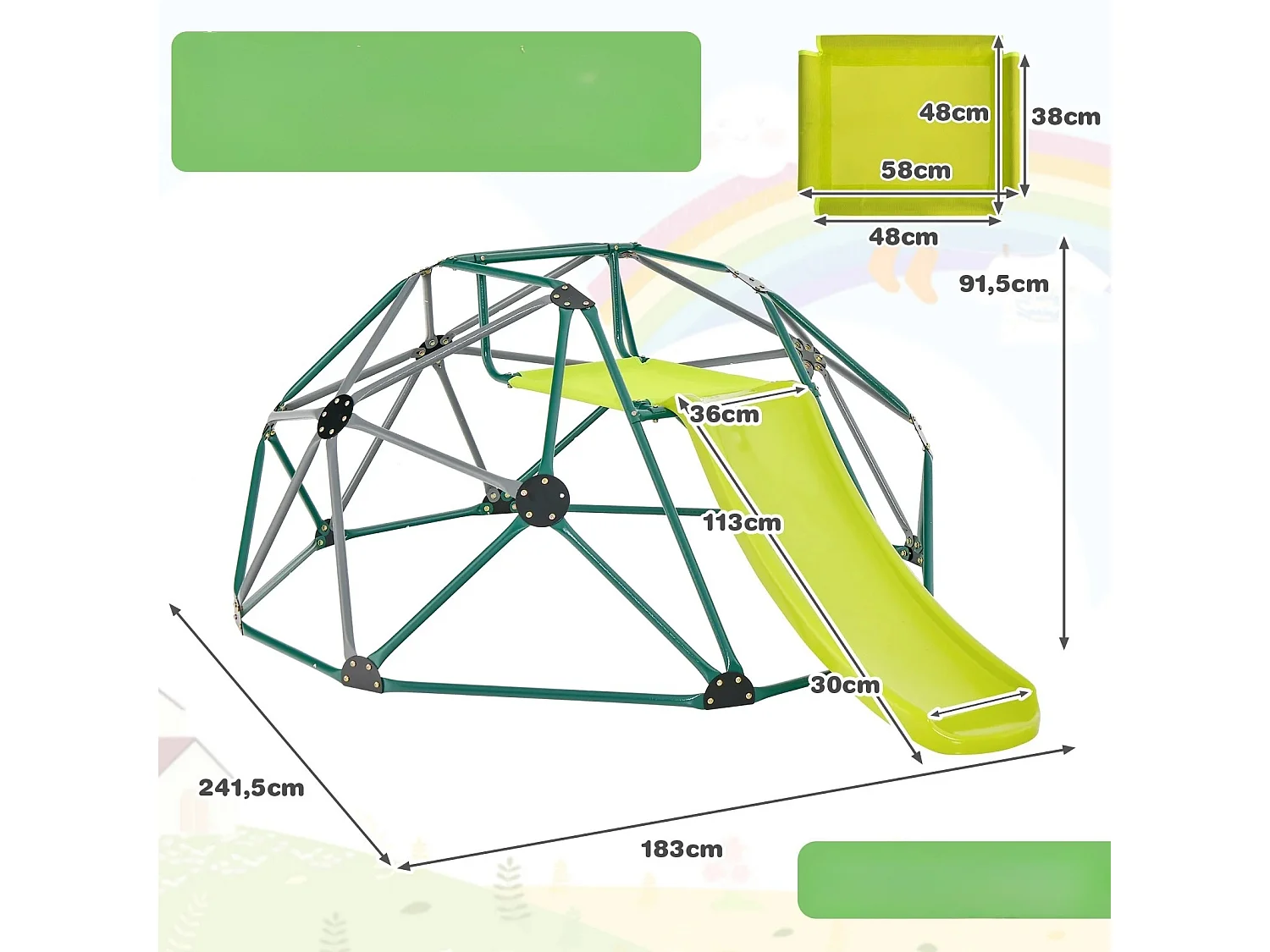 Cupola di arrampicata con scivolo e piattaforma in tessuto e capacità di carico di 180 kg Struttura di arrampicata a forma di cupola Verde + grigio