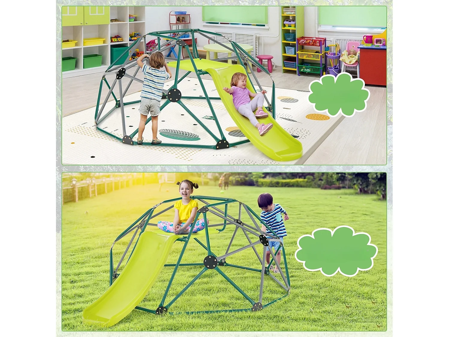 Cupola di arrampicata con scivolo e piattaforma in tessuto e capacità di carico di 180 kg Struttura di arrampicata a forma di cupola Verde + grigio