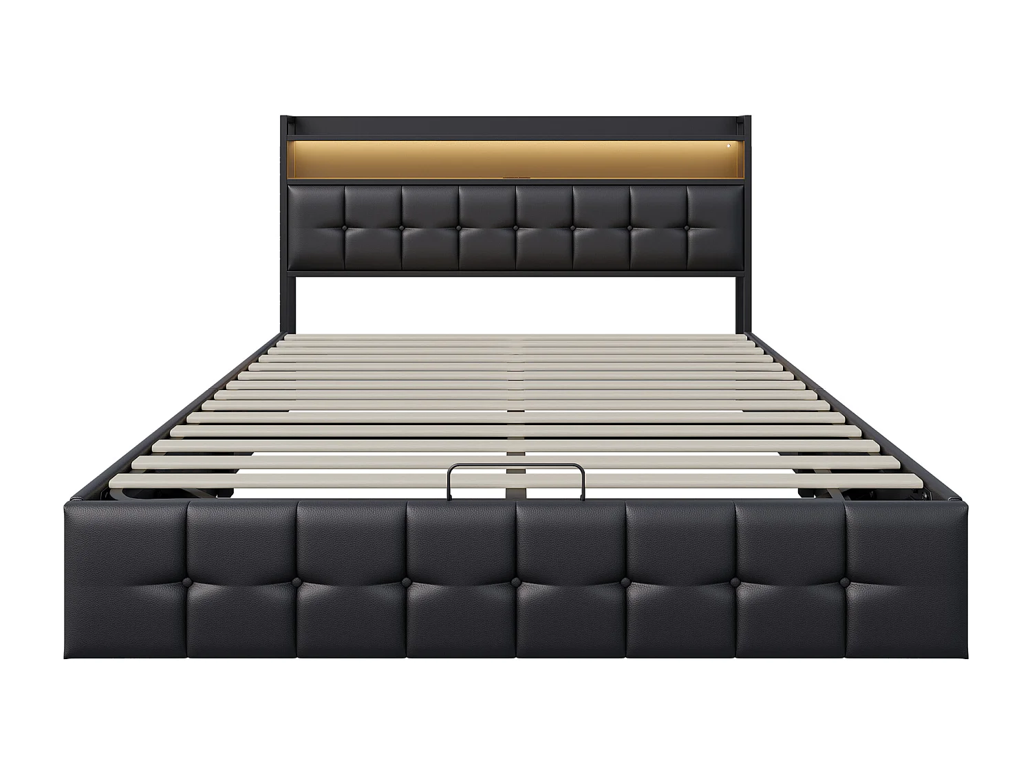 Cadre de Lit 140x200 cm, avec Port de Chargement USB-C et LED, Lit Coffre avec Tête de Lit Intégrée, Polyuréthane Noir