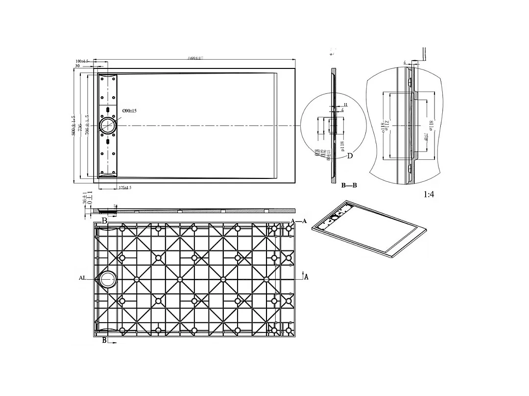 Duschwanne aus Kunstharz 140 x 80 Schieferweiß Essebagno