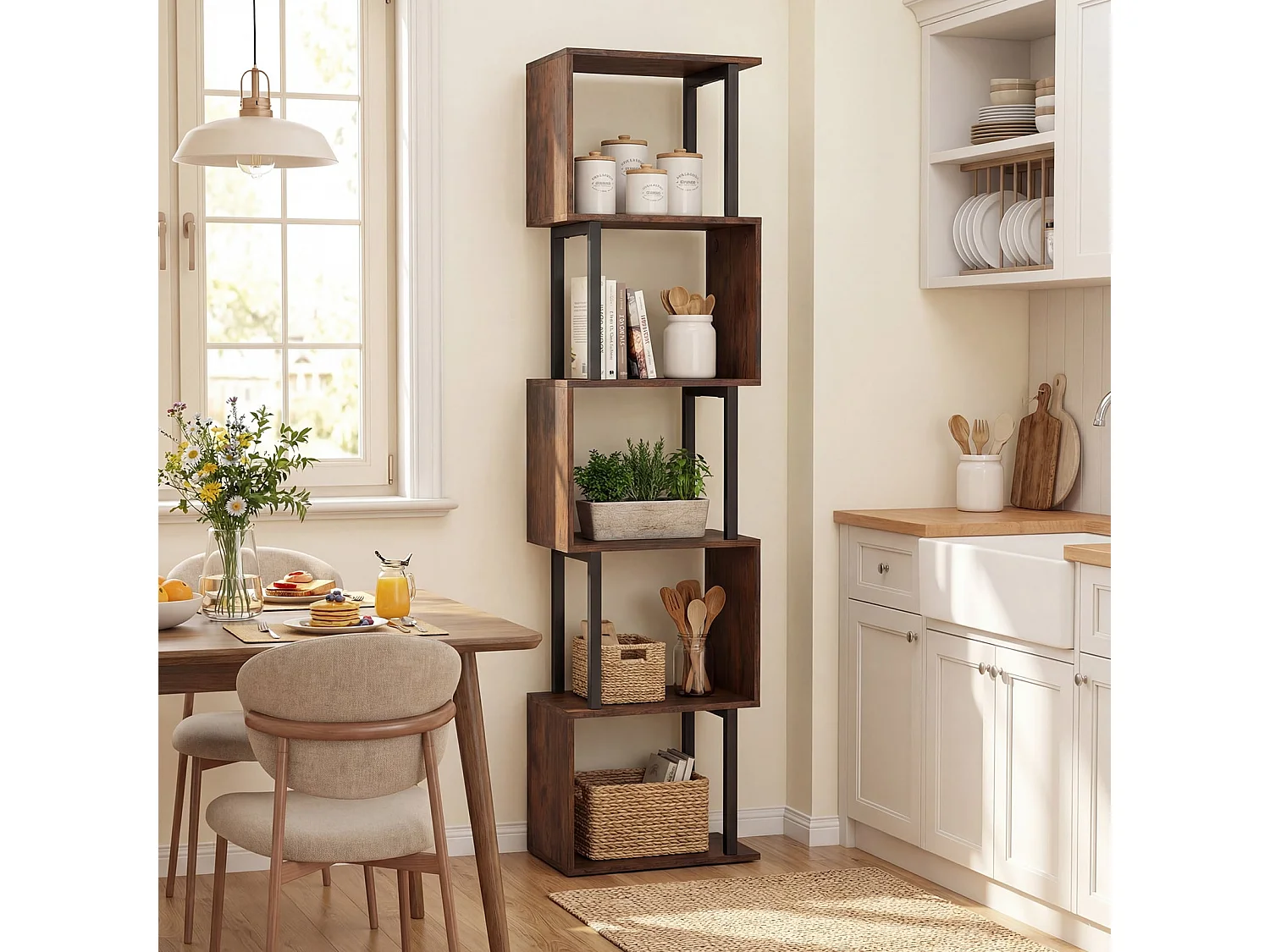 Libreria a 5 piani Scaffale verticale geometrico con protezione antiribaltamento Scaffale indipendente per archiviazione Marrone rustico