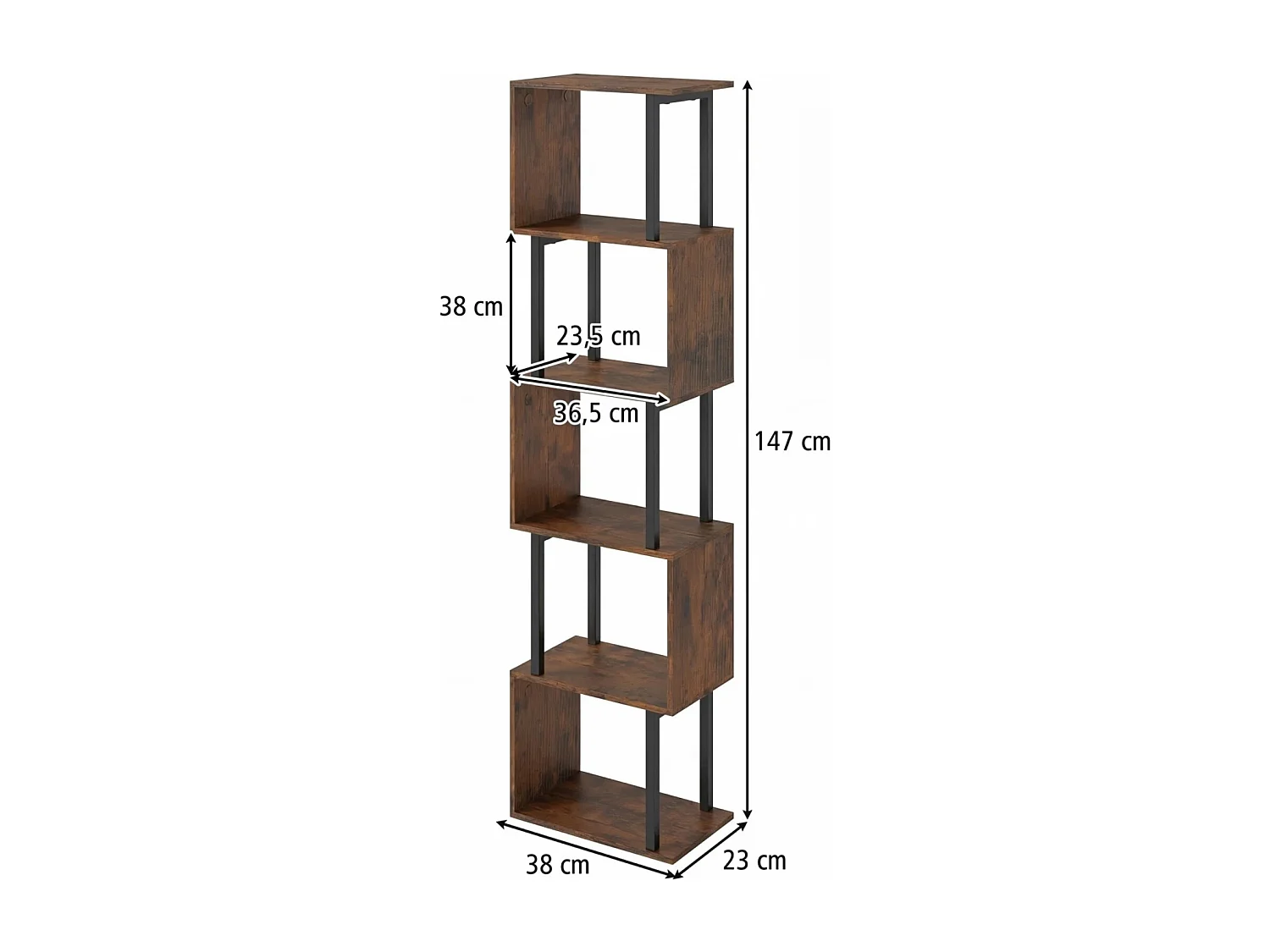 Libreria a 5 piani Scaffale verticale geometrico con protezione antiribaltamento Scaffale indipendente per archiviazione Marrone rustico