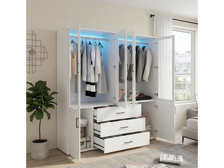 Armoire Porte Vitrée de 160 cm, Garde-robe avec Éclairage LED, 4 Portes et 3 Tiroirs, Blanc Moderne
