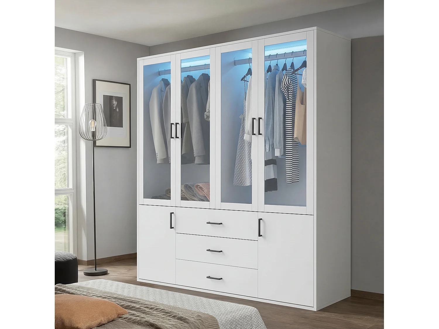Armoire Porte Vitrée de 160 cm, Garde-robe avec Éclairage LED, 4 Portes et 3 Tiroirs, Blanc Moderne