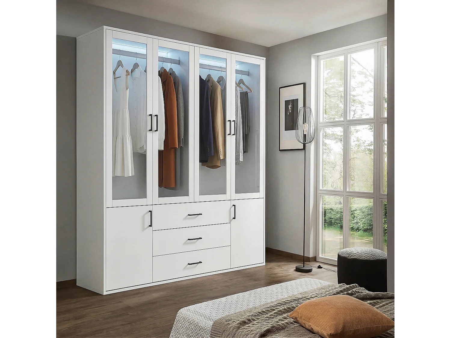 Armoire Porte Vitrée de 160 cm, Garde-robe avec Éclairage LED, 4 Portes et 3 Tiroirs, Blanc Moderne