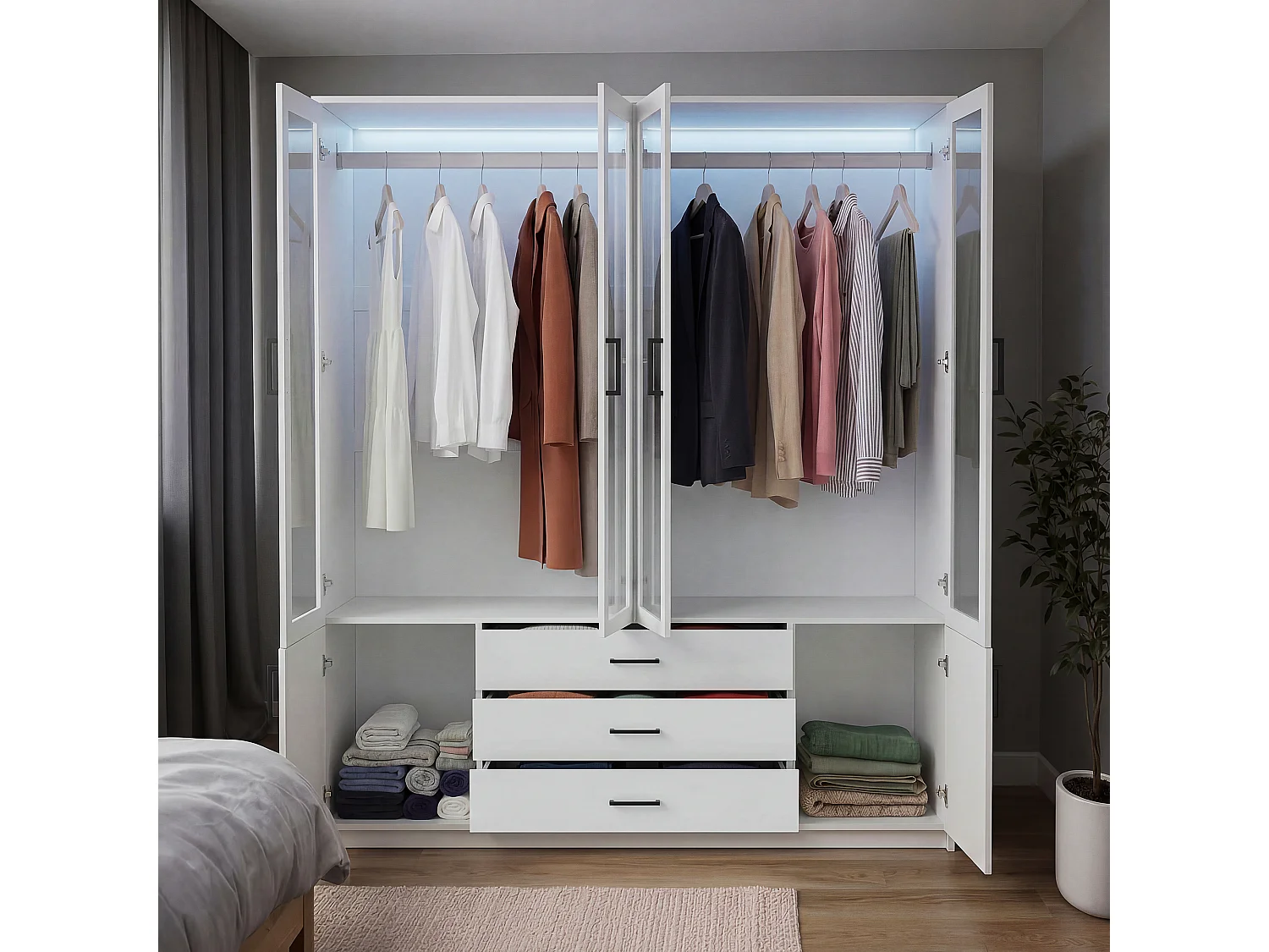 Armoire Porte Vitrée de 160 cm, Garde-robe avec Éclairage LED, 4 Portes et 3 Tiroirs, Blanc Moderne
