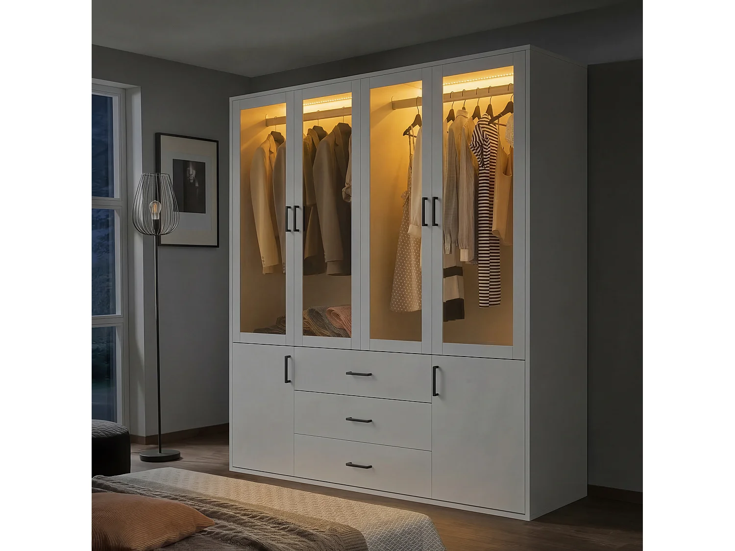 Armoire Porte Vitrée de 160 cm, Garde-robe avec Éclairage LED, 4 Portes et 3 Tiroirs, Blanc Moderne