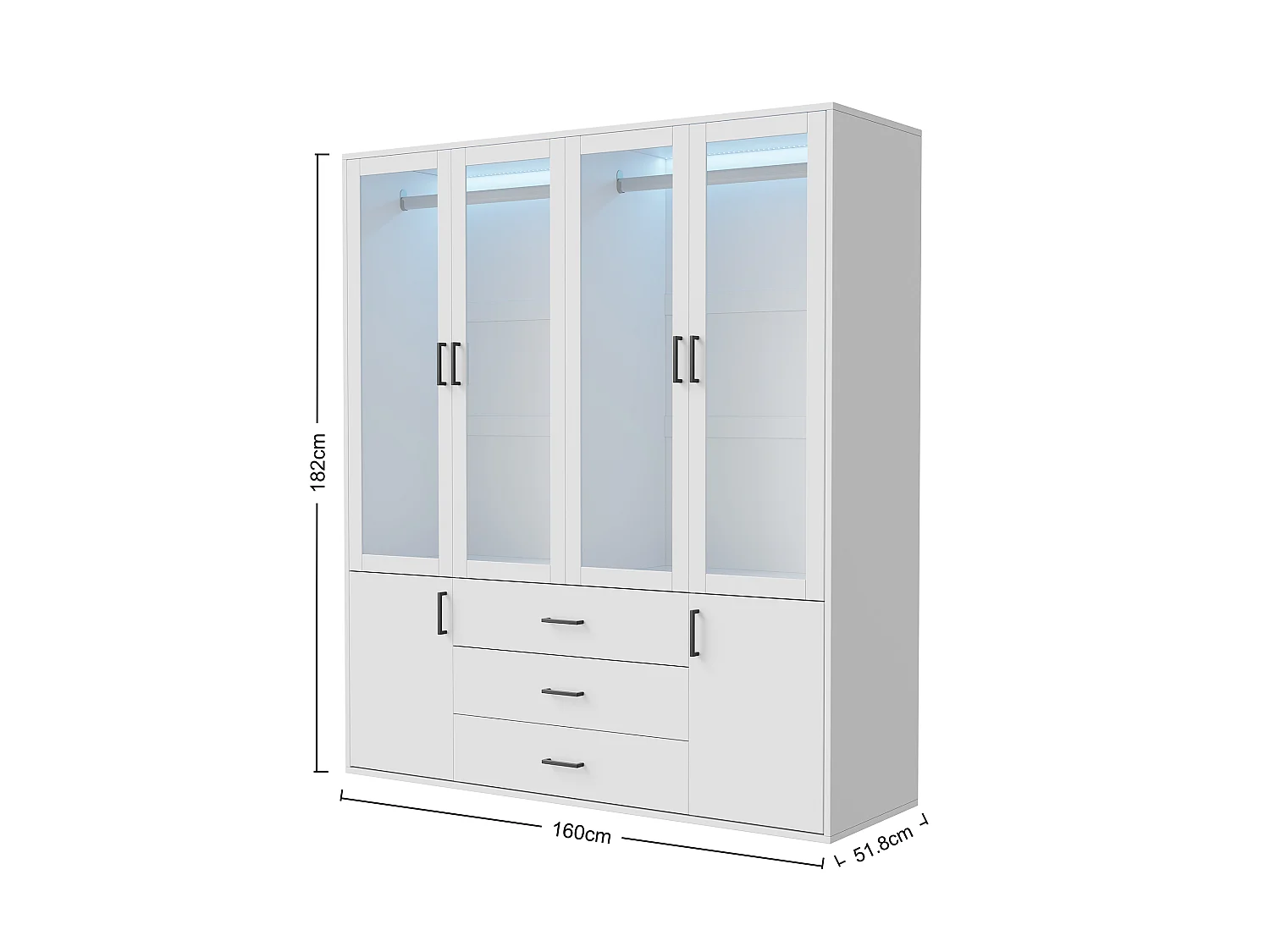 Armoire Porte Vitrée de 160 cm, Garde-robe avec Éclairage LED, 4 Portes et 3 Tiroirs, Blanc Moderne