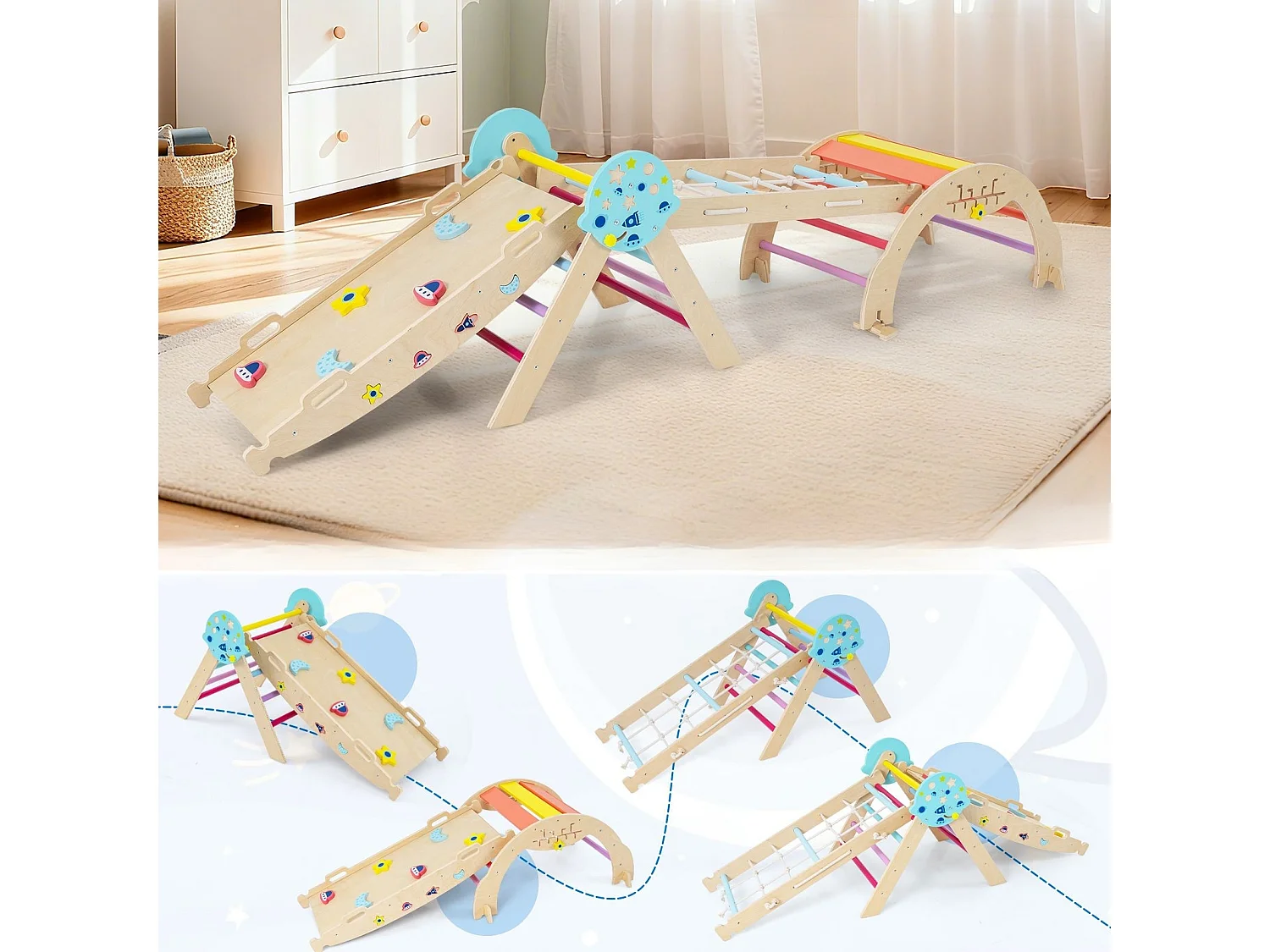 9 in 1 Set di strutture per arrampicata Montessori con arco per arrampicata, corda per arrampicata e scala Triangolo per arrampicata in legno Colorato
