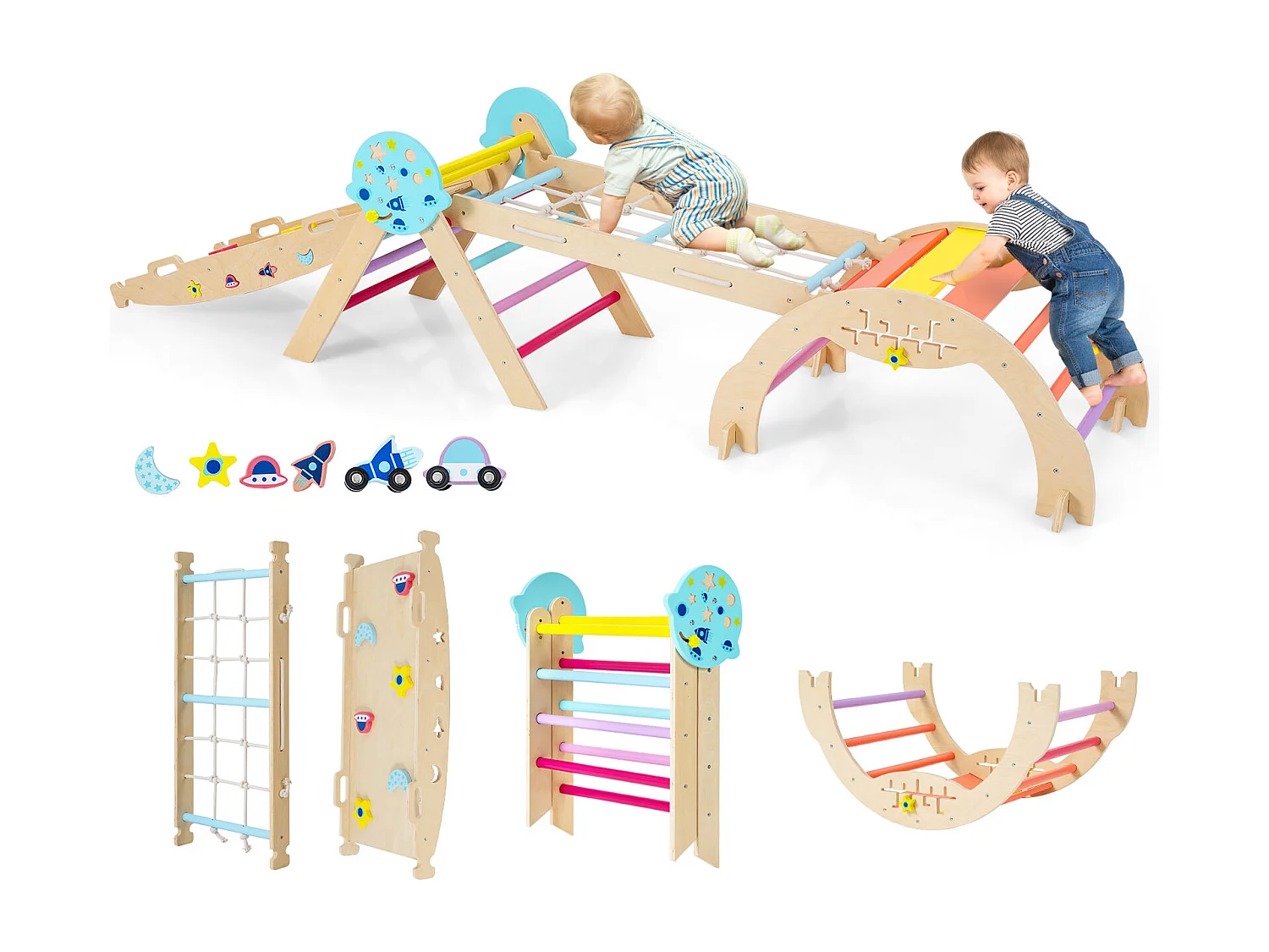 9 in 1 Set di strutture per arrampicata Montessori con arco per arrampicata, corda per arrampicata e scala Triangolo per arrampicata in legno Colorato