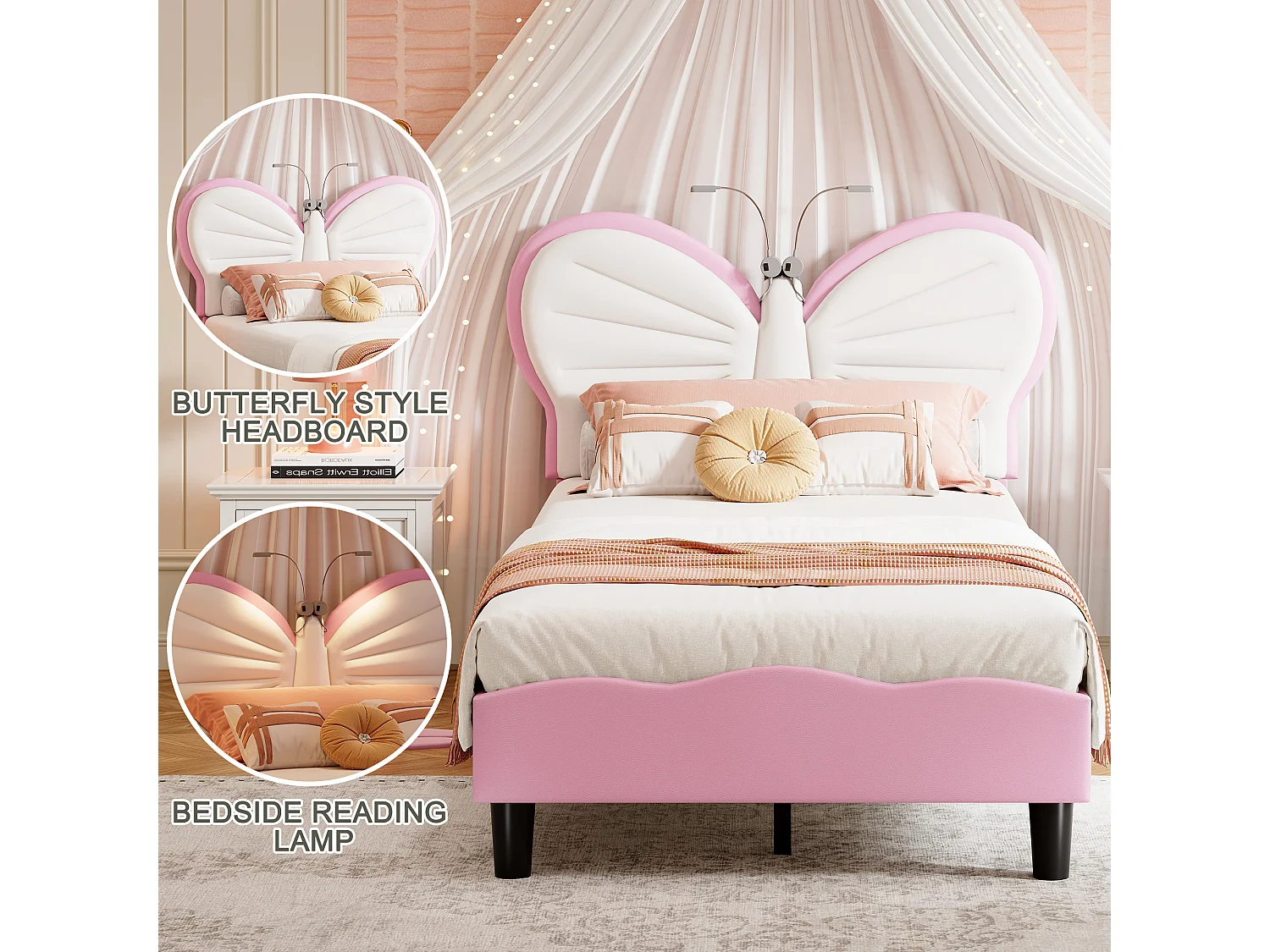 Lit Enfant Capitonné 90x190 cm, Lit Simple Papillon avec Lumières de Lecture et Tête de Lit Réglable pour Chambre de Fille, Velours, Rose