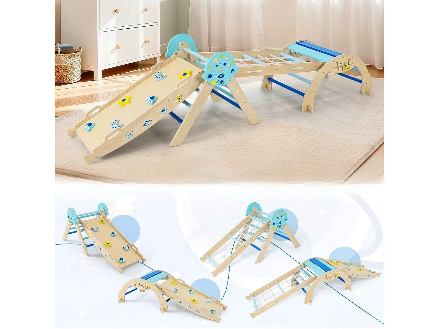 9 in 1 Set di cornici per arrampicata Montessori con arco, corda e scala per arrampicarsi in legno Triangolo per arrampicarsi blu
