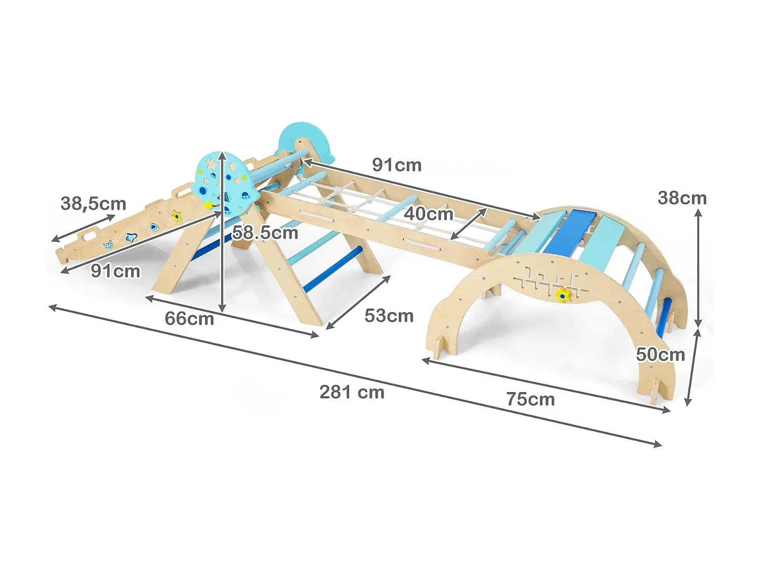 9 in 1 Set di cornici per arrampicata Montessori con arco, corda e scala per arrampicarsi in legno Triangolo per arrampicarsi blu