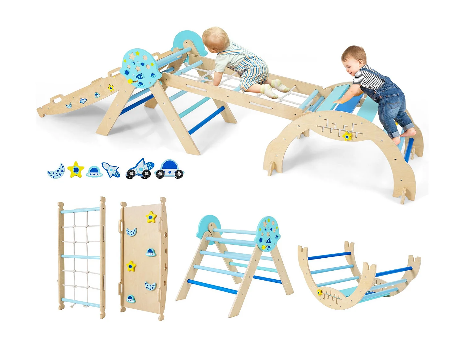 9 in 1 Set di cornici per arrampicata Montessori con arco, corda e scala per arrampicarsi in legno Triangolo per arrampicarsi blu