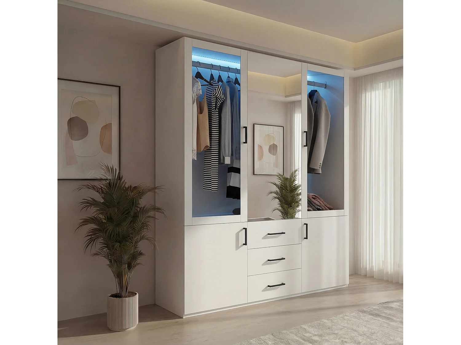 Armoire avec Miroir de 130 cm de Large, Meuble de Chambre à Coucher avec Éclairage LED, Penderie et Tiroirs, Blanc