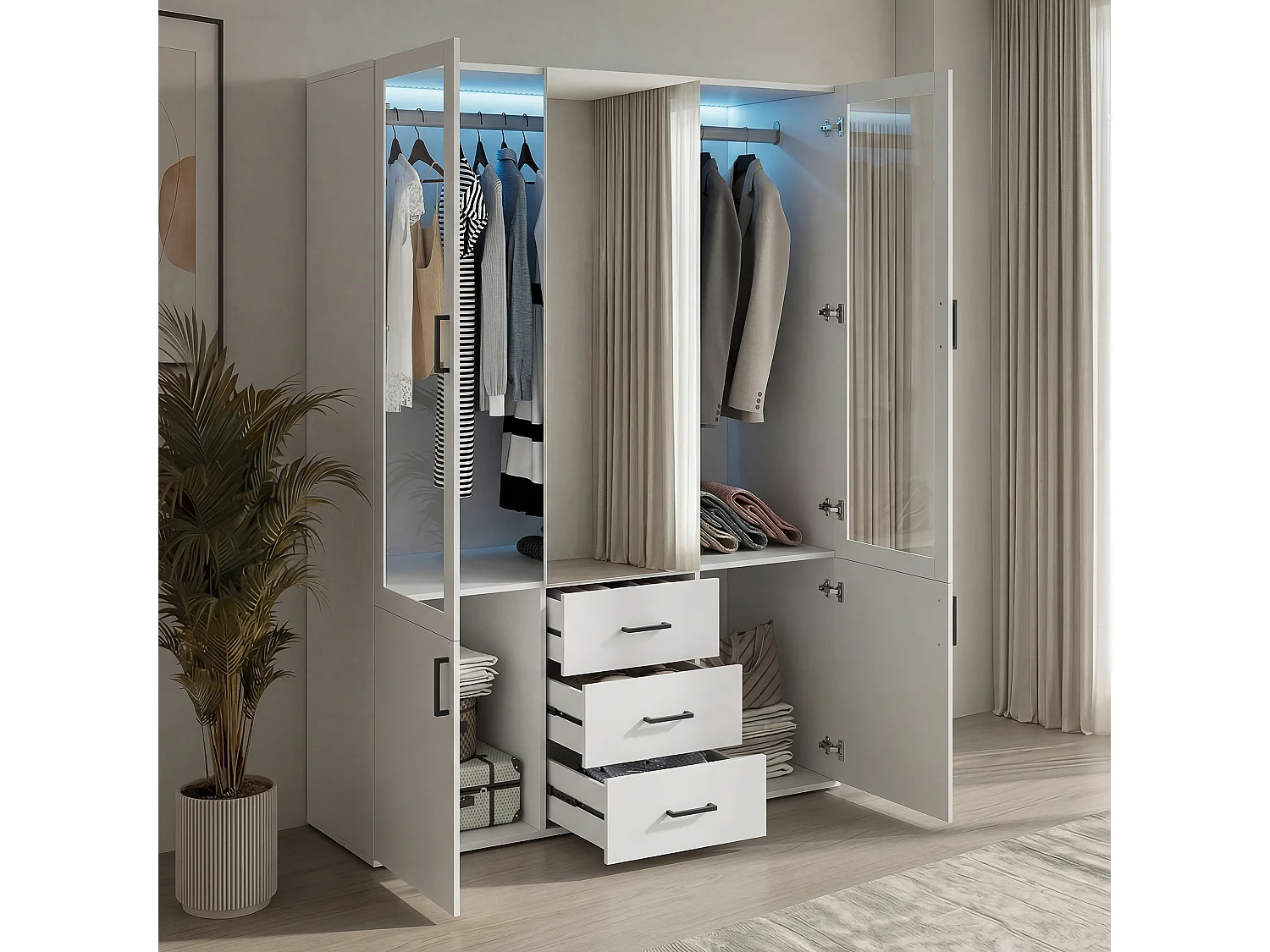 Armoire avec Miroir de 130 cm de Large, Meuble de Chambre à Coucher avec Éclairage LED, Penderie et Tiroirs, Blanc
