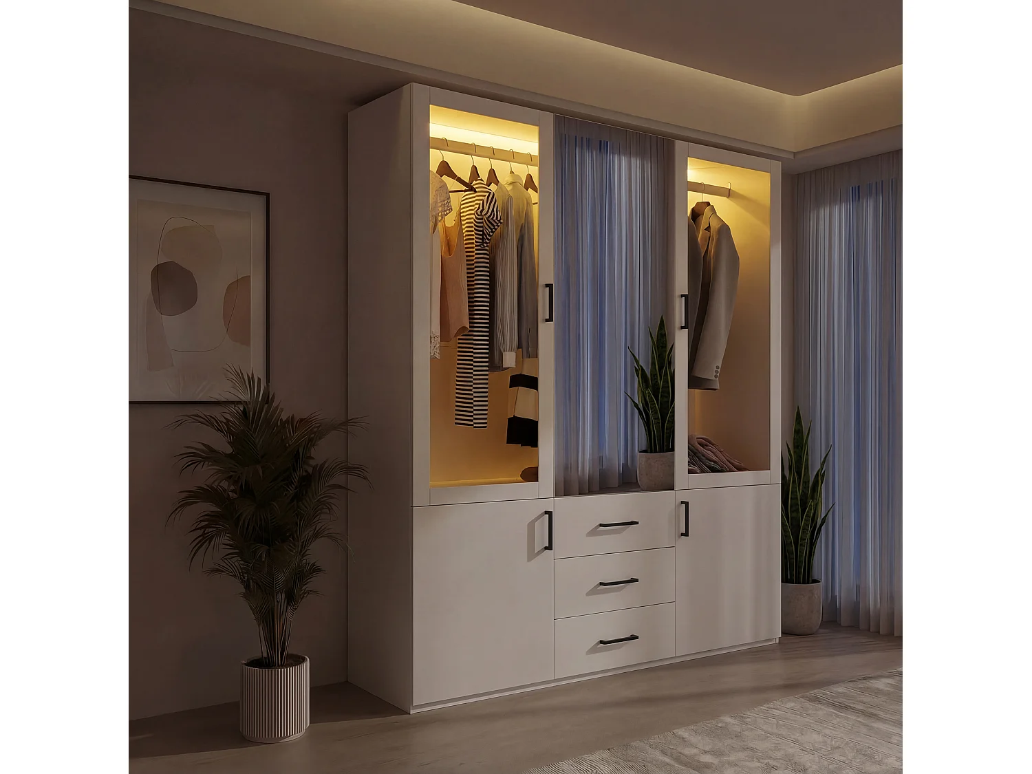 Armoire avec Miroir de 130 cm de Large, Meuble de Chambre à Coucher avec Éclairage LED, Penderie et Tiroirs, Blanc