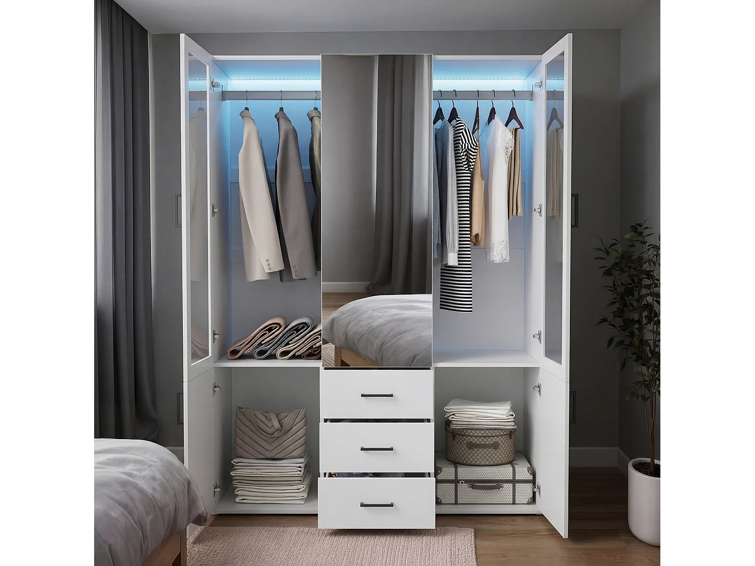 Armoire avec Miroir de 130 cm de Large, Meuble de Chambre à Coucher avec Éclairage LED, Penderie et Tiroirs, Blanc