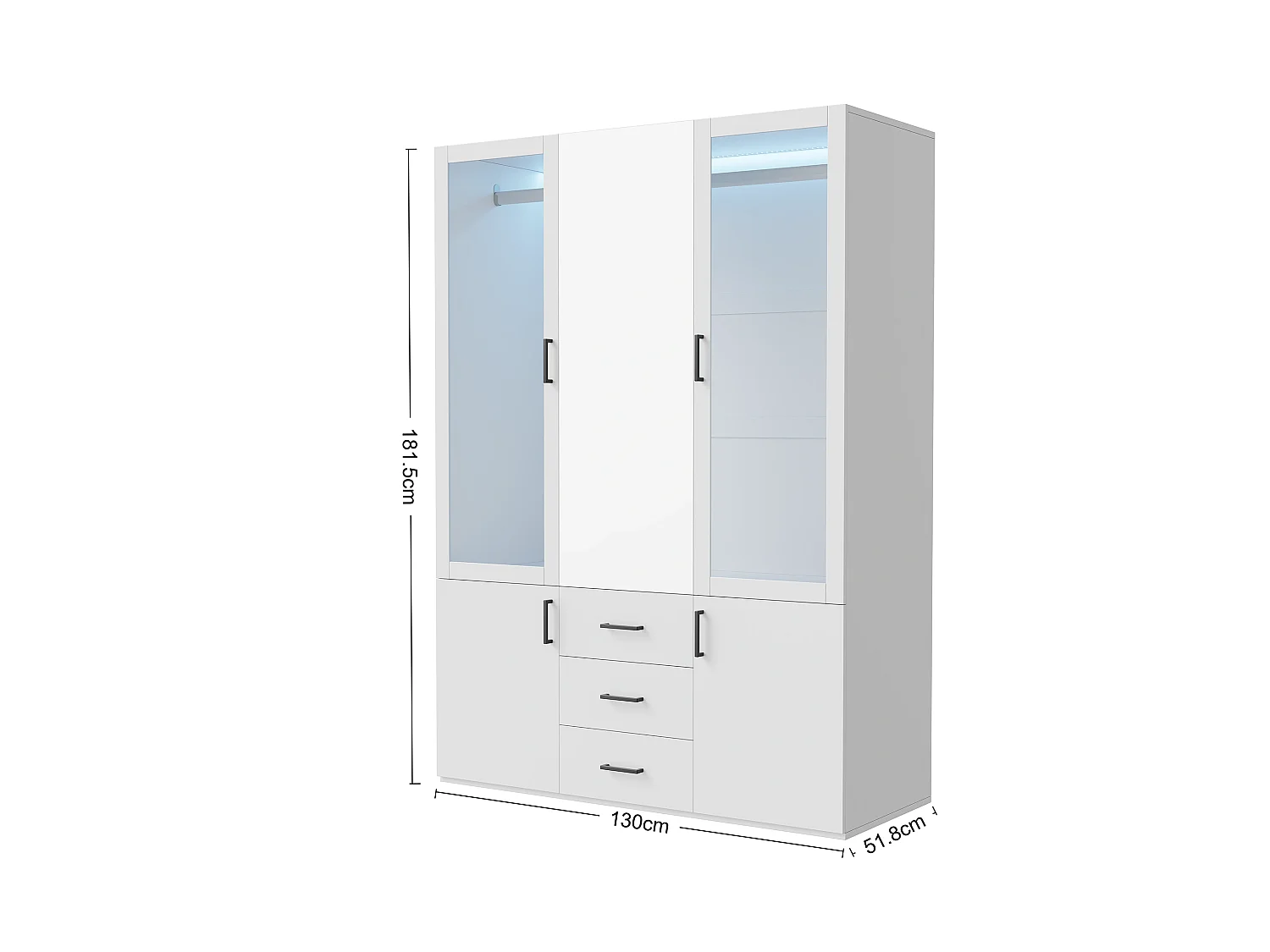 Armoire avec Miroir de 130 cm de Large, Meuble de Chambre à Coucher avec Éclairage LED, Penderie et Tiroirs, Blanc