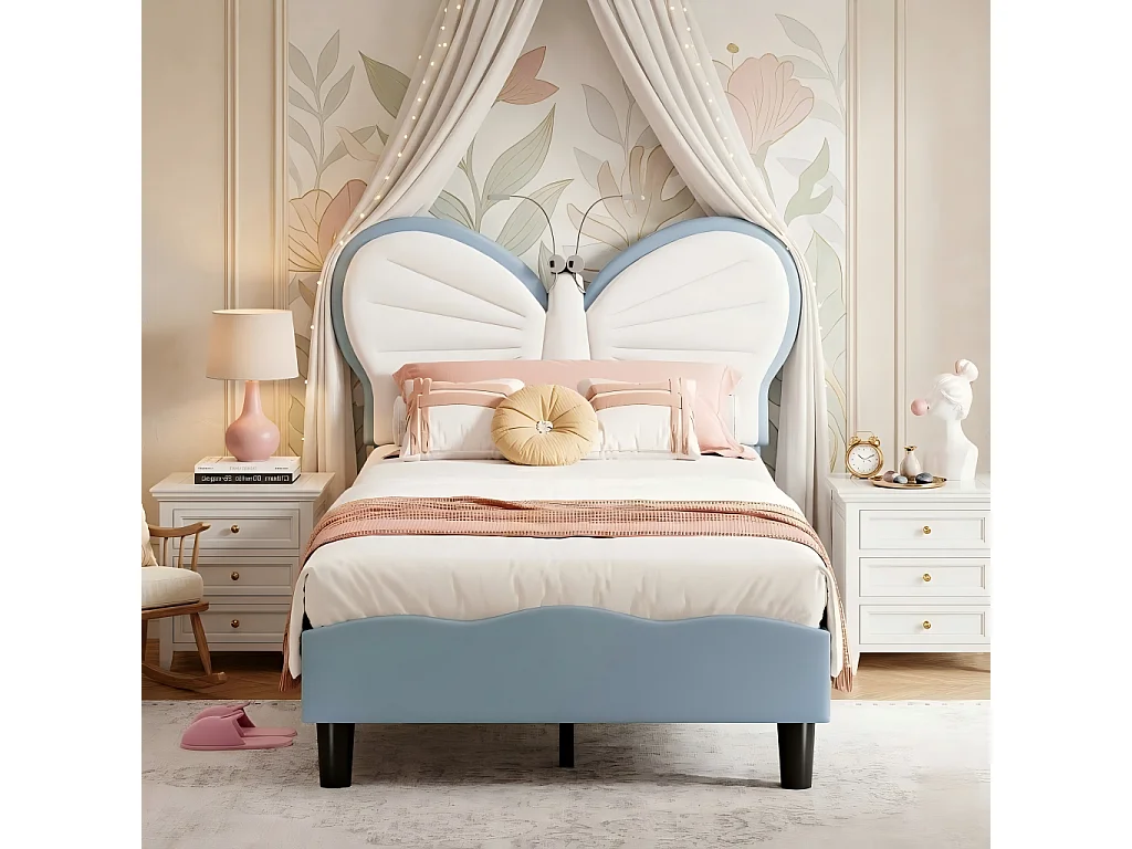 Lit Enfant 90x190 cm, Lit Simple Papillon avec Lumières de Lecture et Tête de Lit Réglable pour Chambre de Fille, Velours, Bleu