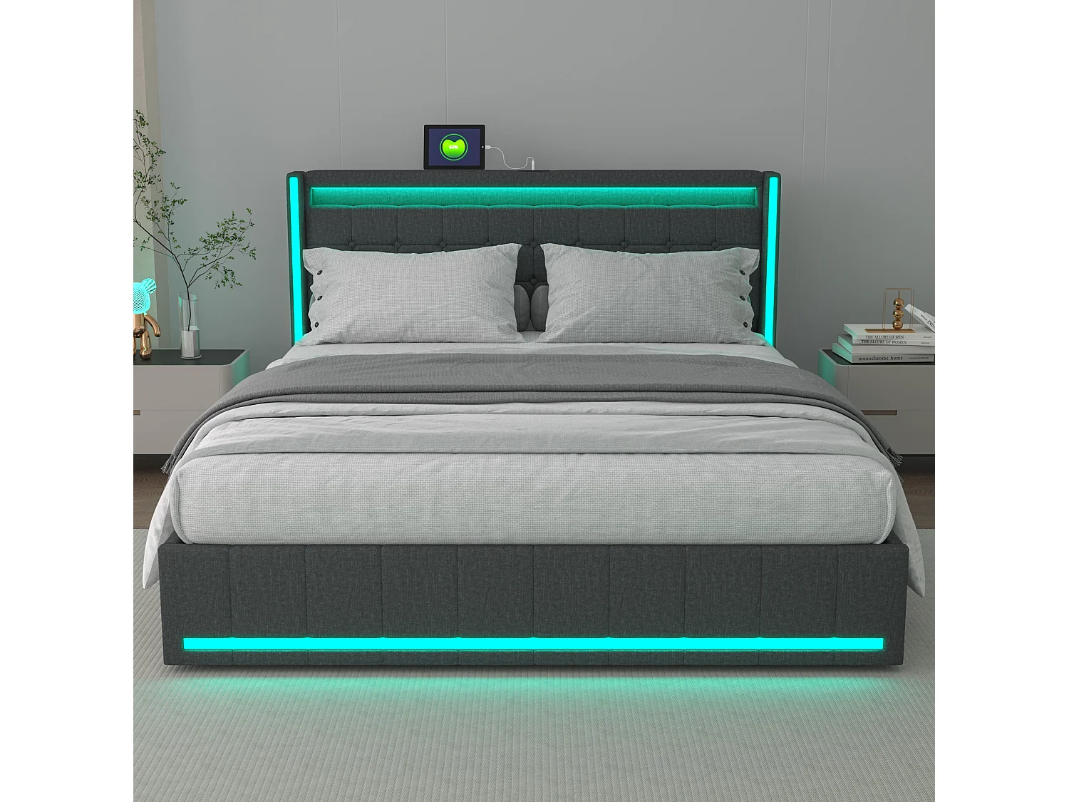 Lit coffre rembourré en lin - 180x200cm - avec éclairage LED, port USB et 4 tiroirs - matelas non inclus - Gris