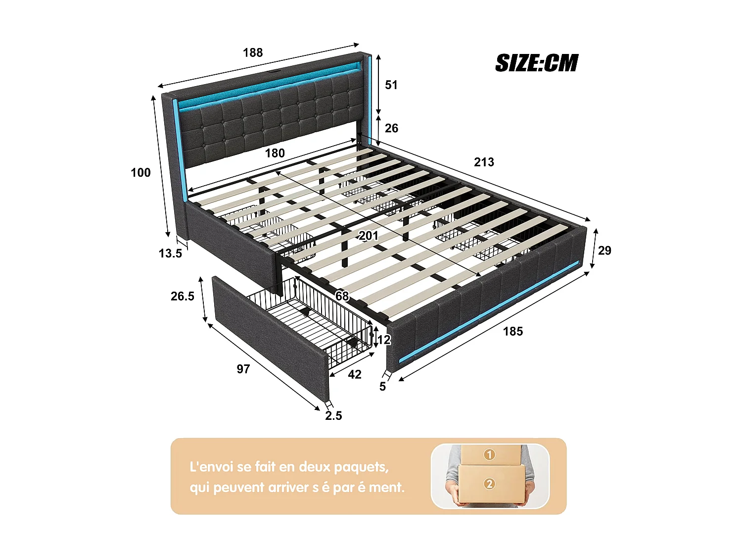 Lit coffre rembourré en lin - 180x200cm - avec éclairage LED, port USB et 4 tiroirs - matelas non inclus - Gris