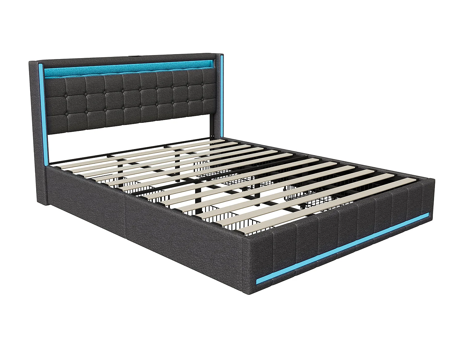 Lit coffre rembourré en lin - 180x200cm - avec éclairage LED, port USB et 4 tiroirs - matelas non inclus - Gris