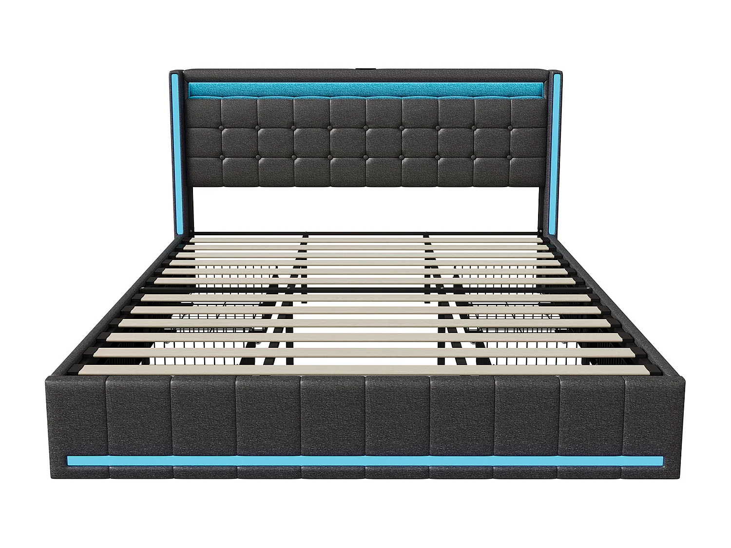 Lit coffre rembourré en lin - 180x200cm - avec éclairage LED, port USB et 4 tiroirs - matelas non inclus - Gris