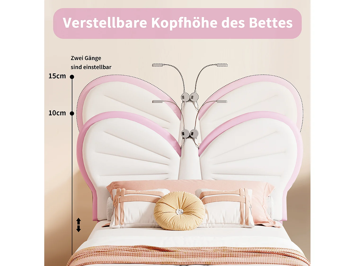 Lit Enfant Capitonné, Lit Simple Papillon avec Lumières de Lecture et Tête de Lit Réglable, Velours, Rose, 90x200 cm