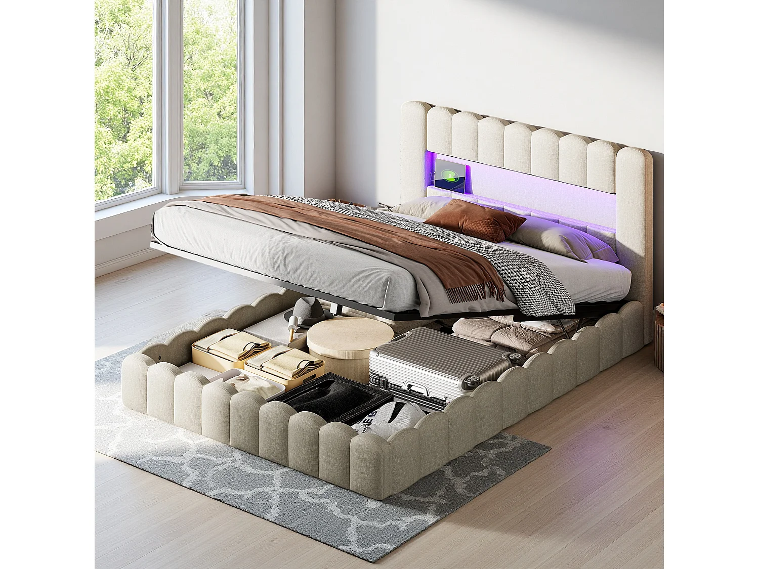 Lit Double 180x200 cm, avec Port de Chargement et Éclairage LED, Idéal pour les Chambres d'Adultes Modernes, Beige, Lin