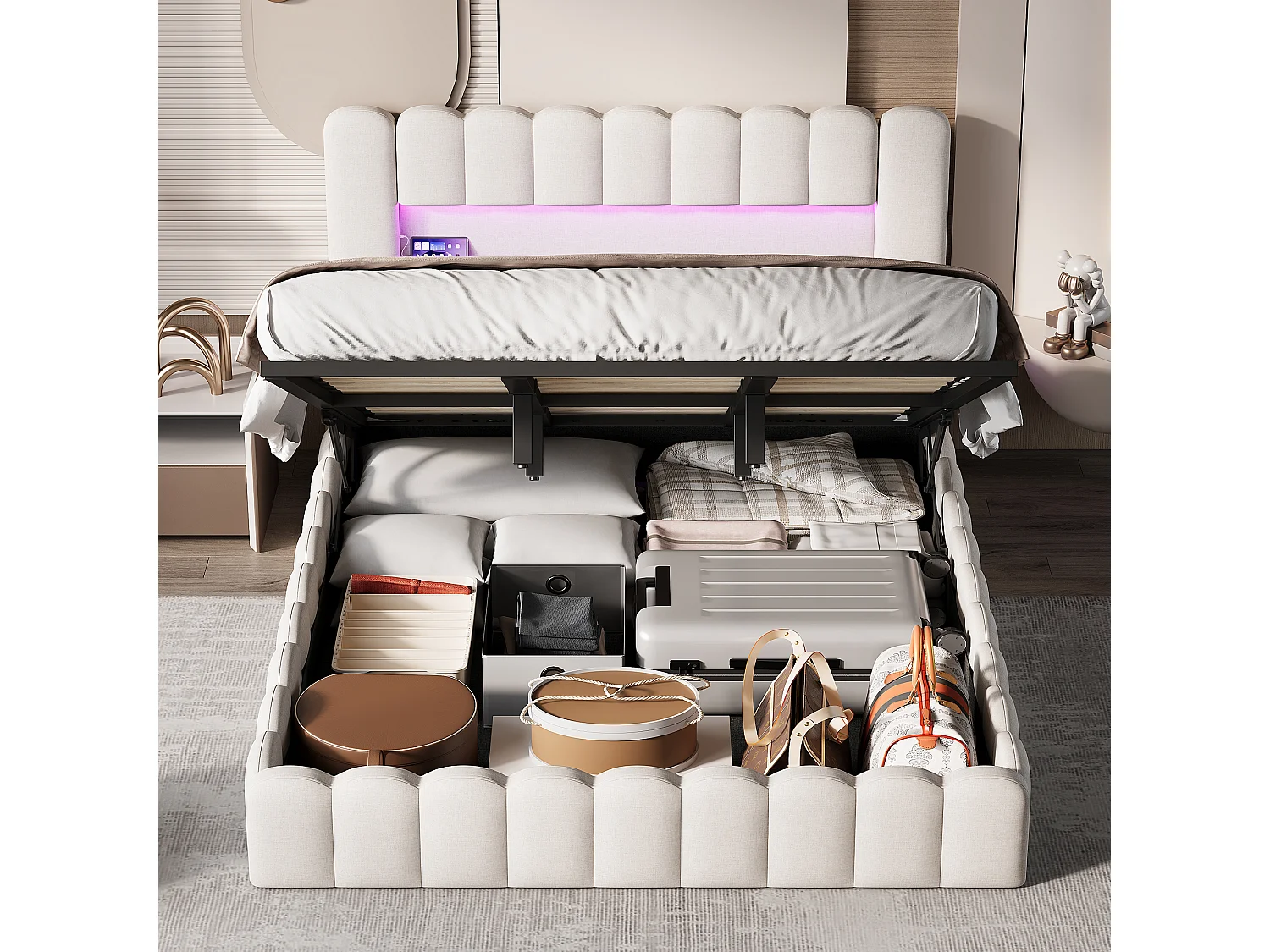 Lit Double 180x200 cm, avec Port de Chargement et Éclairage LED, Idéal pour les Chambres d'Adultes Modernes, Beige, Lin