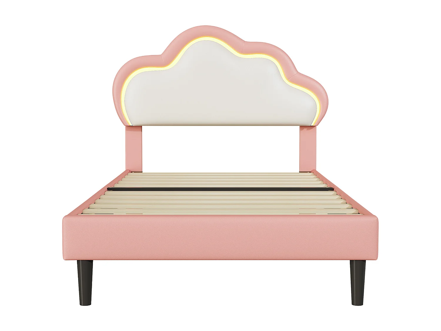 Lit Enfant 90x200 cm avec LED, Structure de Lit en Cuir PU Forme Nuage, Lit Capitonné Moderne, Rose