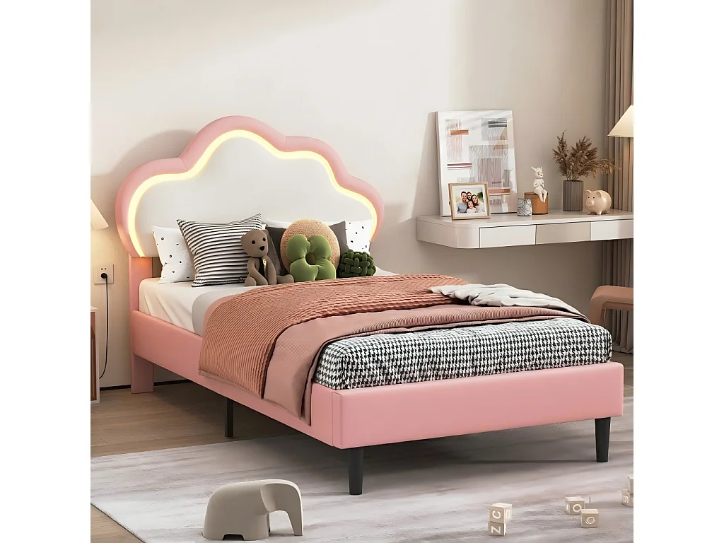 Lit Enfant 90x200 cm avec LED, Structure de Lit en Cuir PU Forme Nuage, Lit Capitonné Moderne, Rose