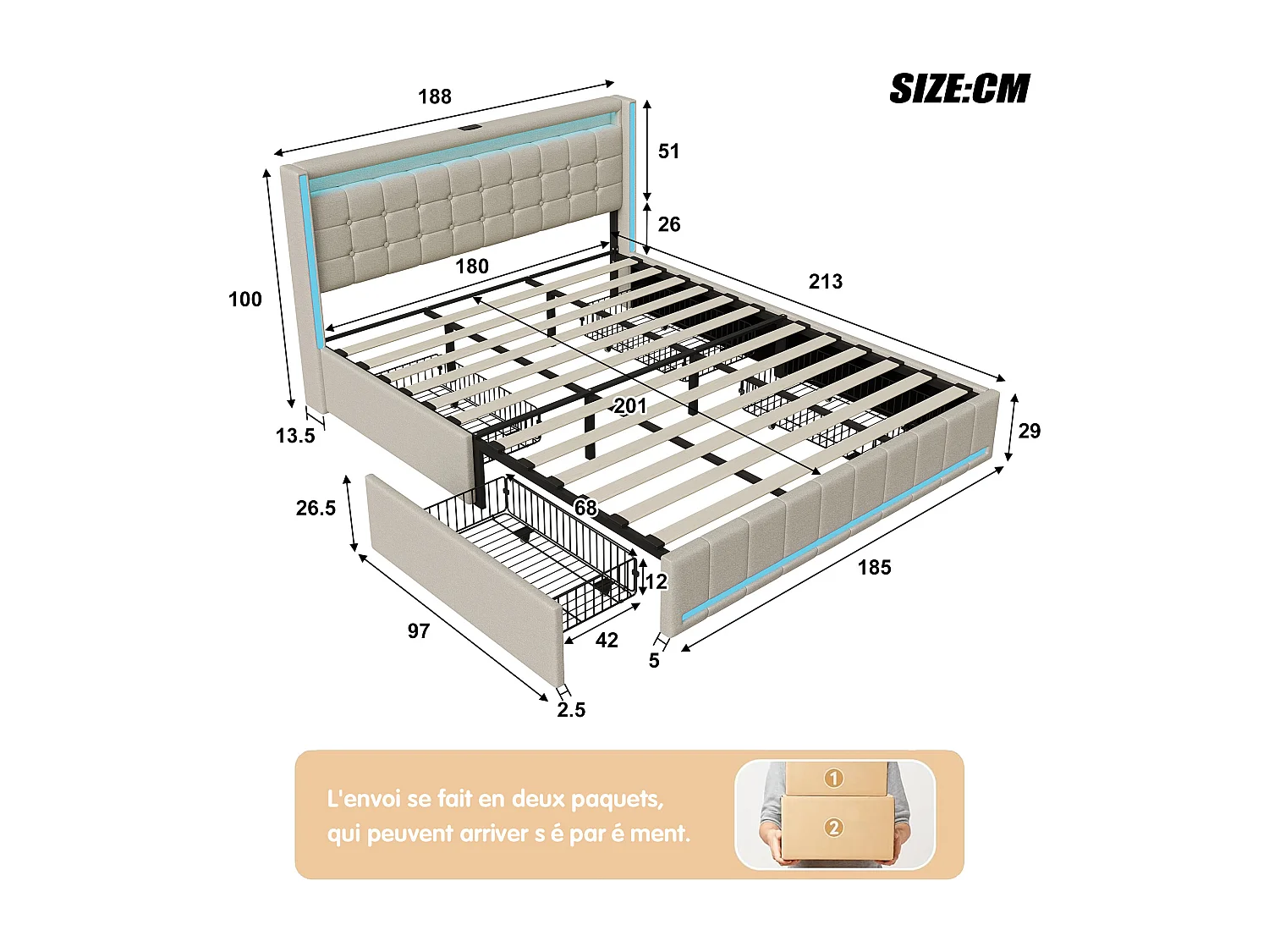 Lit coffre en lin - 180x200cm - avec éclairage LED, port USB et 4 tiroirs - matelas non inclus - Beige