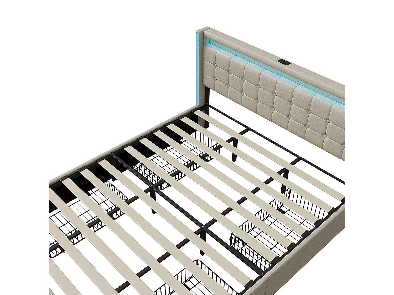 Lit coffre en lin - 180x200cm - avec éclairage LED, port USB et 4 tiroirs - matelas non inclus - Beige