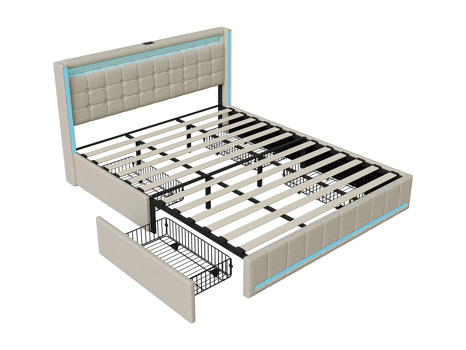 Lit coffre en lin - 180x200cm - avec éclairage LED, port USB et 4 tiroirs - matelas non inclus - Beige