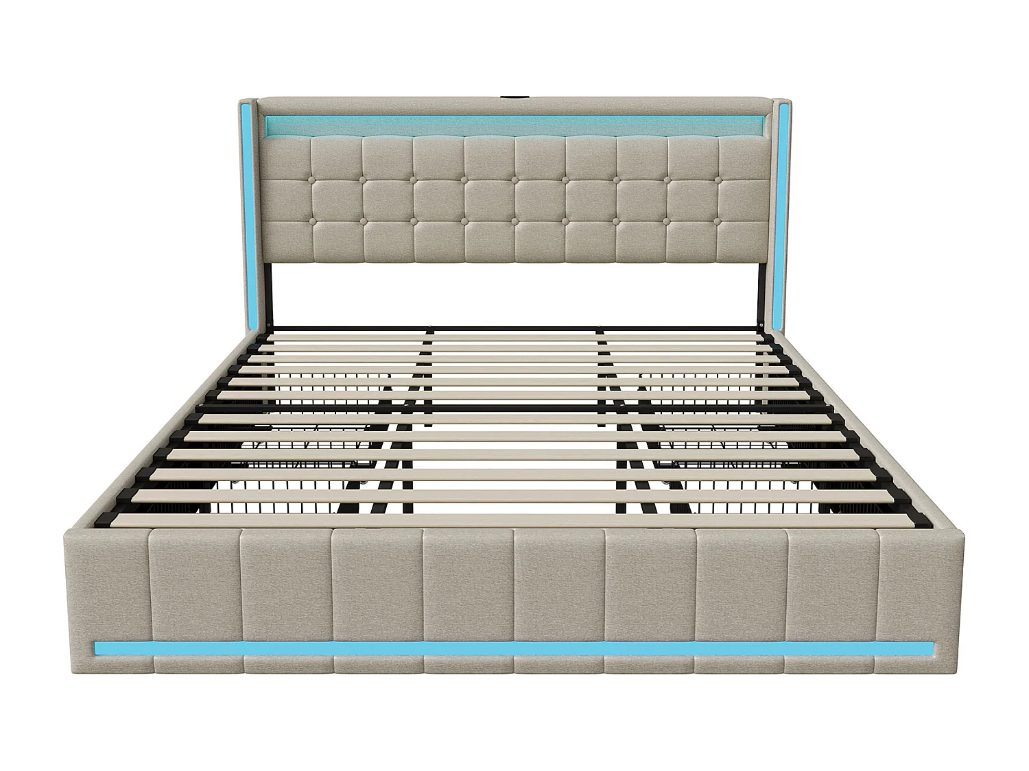 Lit coffre en lin - 180x200cm - avec éclairage LED, port USB et 4 tiroirs - matelas non inclus - Beige