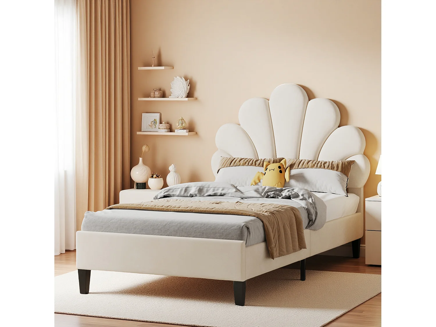 Lit enfant 90x200 cm,lit simple,tête de lit rembourrée à fleurs réglable en hauteur pour fille,sans matelas