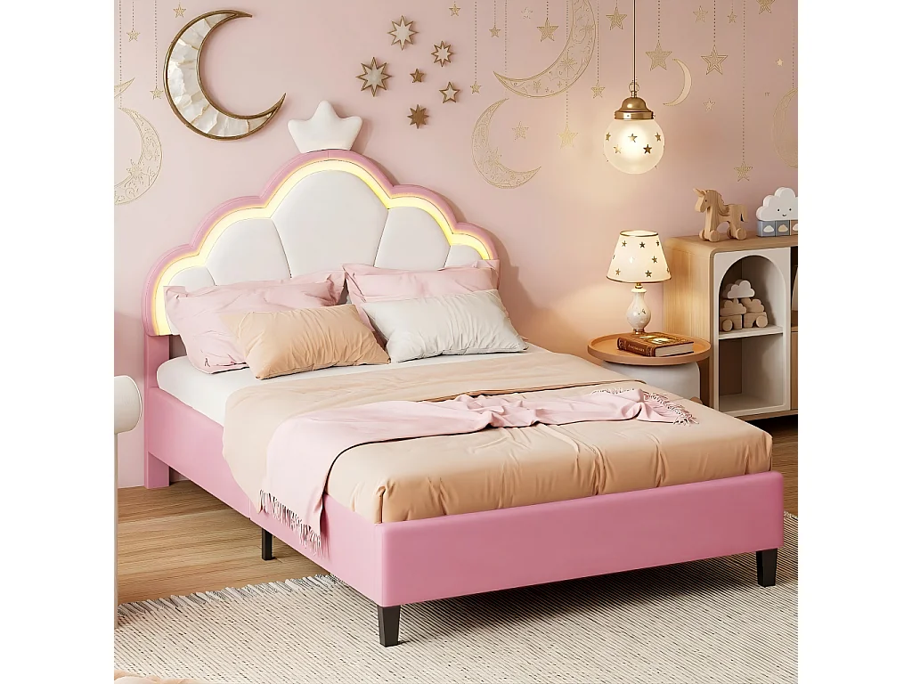 Lit Enfant 90x200 cm, Lit Simple pour Filles, Lit Princesse Couronne, Tête de Lit Réglable, Rose